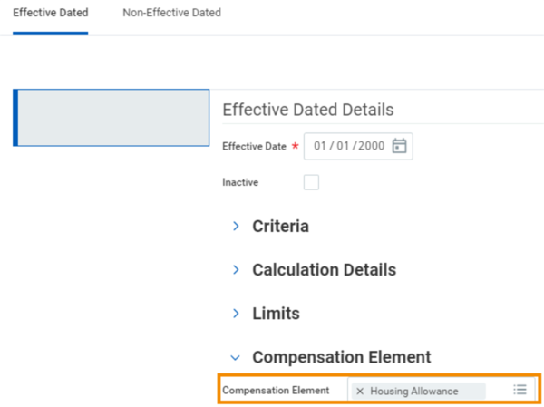 The Compensation Element field shows a value of Housing Allowance on the Effective Dated tab.