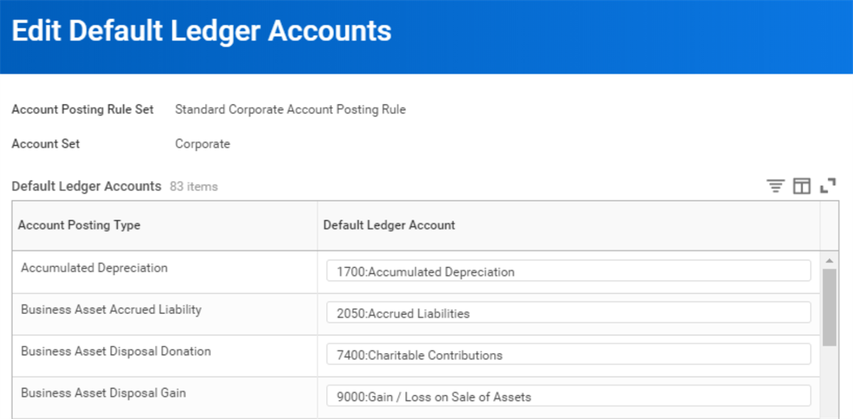The Edit Default Ledger Accounts page with default ledger accounts defined for different account posting types.