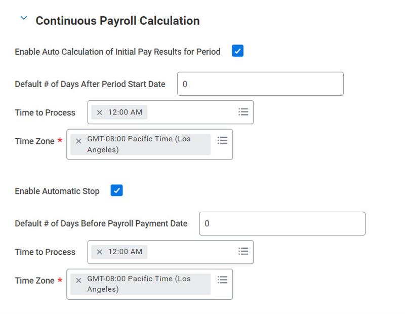 Continuous Payroll Calculation section, displaying checked options and fields for both automated payroll calculation starts and automatic stops