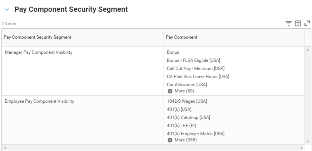 The Pay Component Security Segment section showing pay component security segments and their pay components.