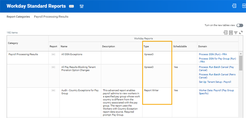 Workday Standard Reports for the Payroll Processing/Results with the Type column highlighted.