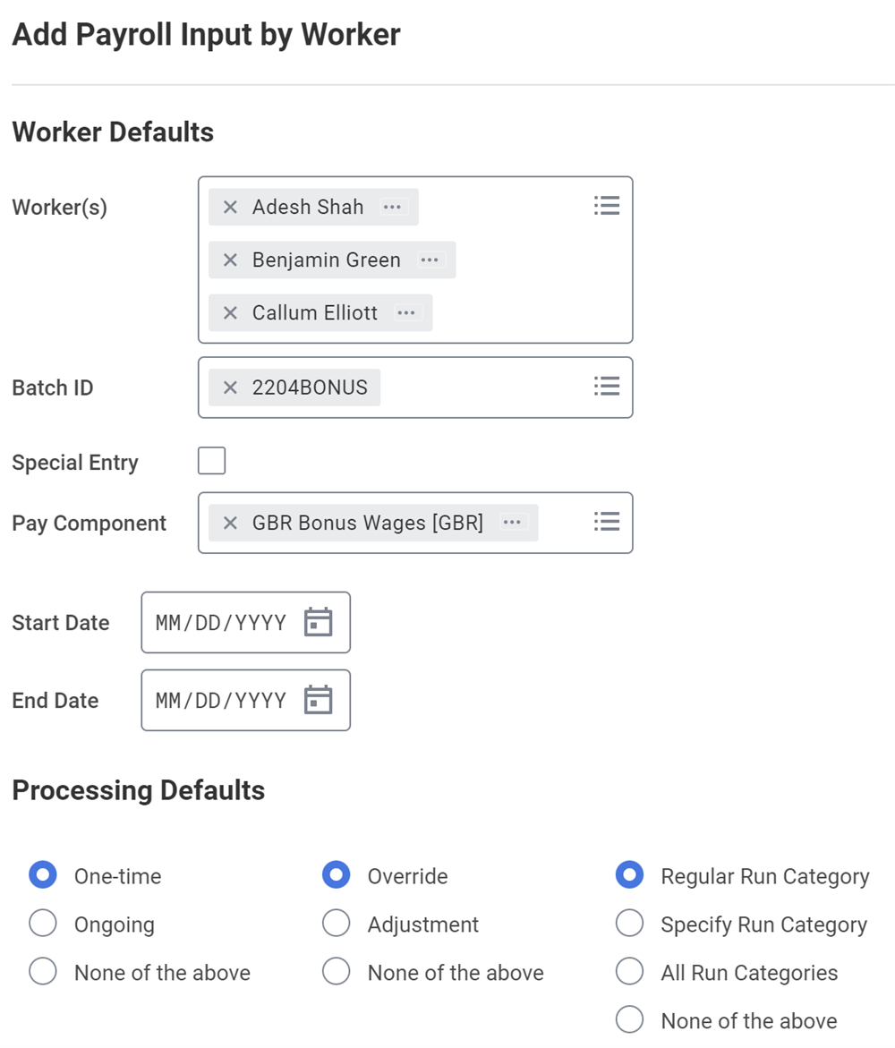 Add Payroll Input by Worker with a few fields populated.