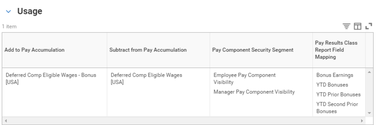 The Usage section showing the Add to Pay Accumulation, Subtract from Pay Accumulation, Pay Component Security Segment, and Pay Results Class Report Field Mapping.