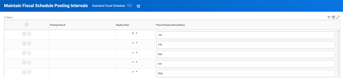 The Maintain Fiscal Schedule Posting Intervals task with fiscal posting intervals named for each month of the year.