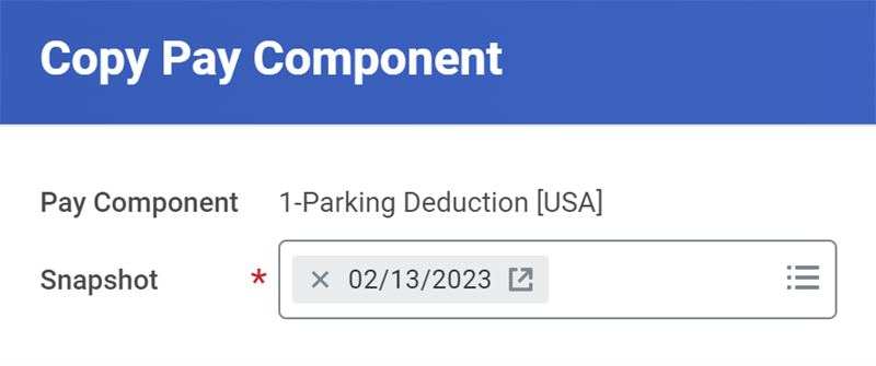The Copy Pay Component page with a snapshot date in the Snapshot field.