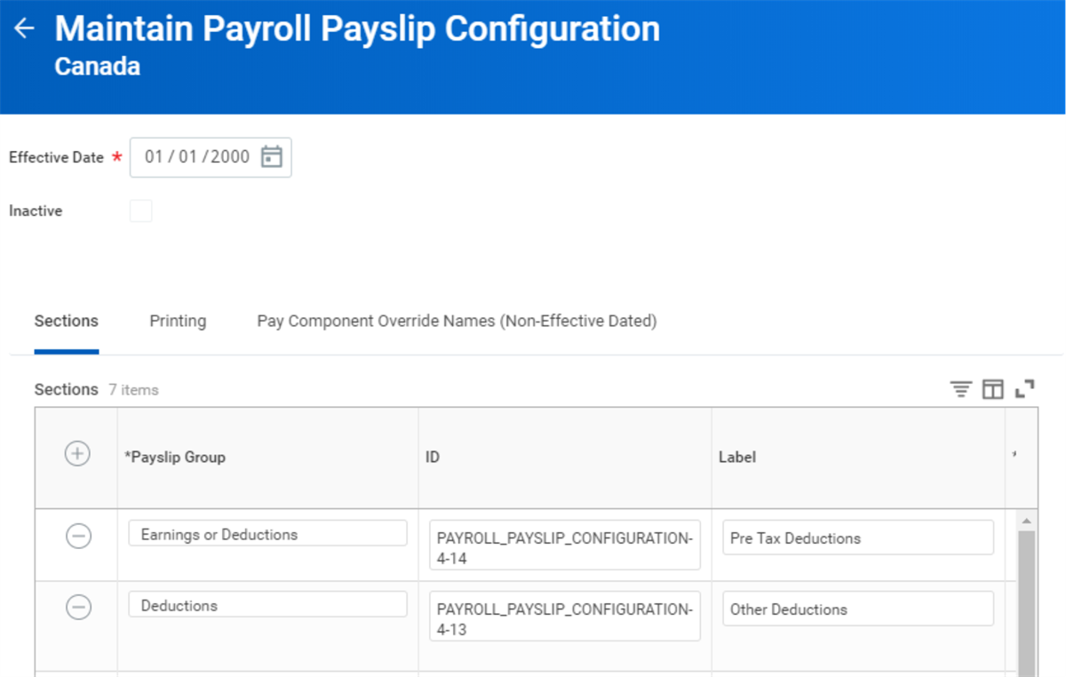 The Maintain Payroll Payslip Configuration task for Canada as described in the preceding text.