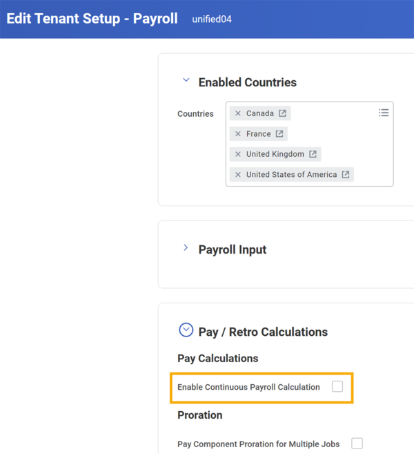 Edit Tenant Setup - Payroll task with the Enable Continuous Payroll Calculation checkbox highlighted.