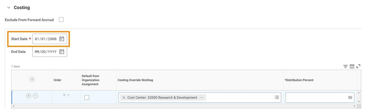 The Start Date field in the Costing section of an earning.