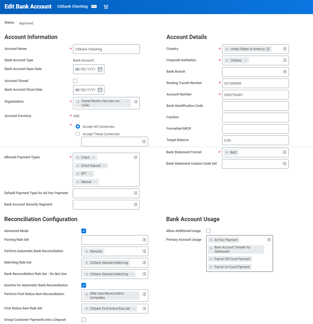 Bank account setup for Citibank Checking account including account information, banking details, reconciliation configurations, and allowed usage rules.