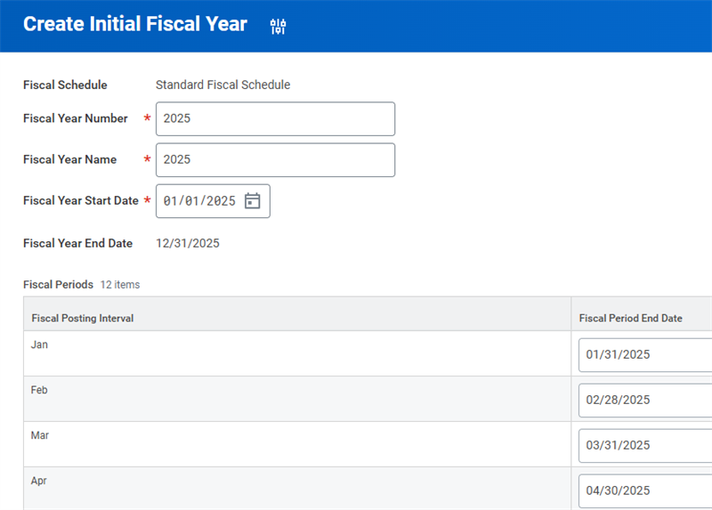 The Create Initial Fiscal Year task with the fiscal year number, name, and start date defined.