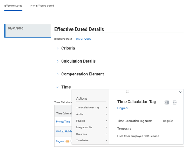 The Time section in the Effective Dated tab. The Related Actions on a time calculation tag show the tag details.