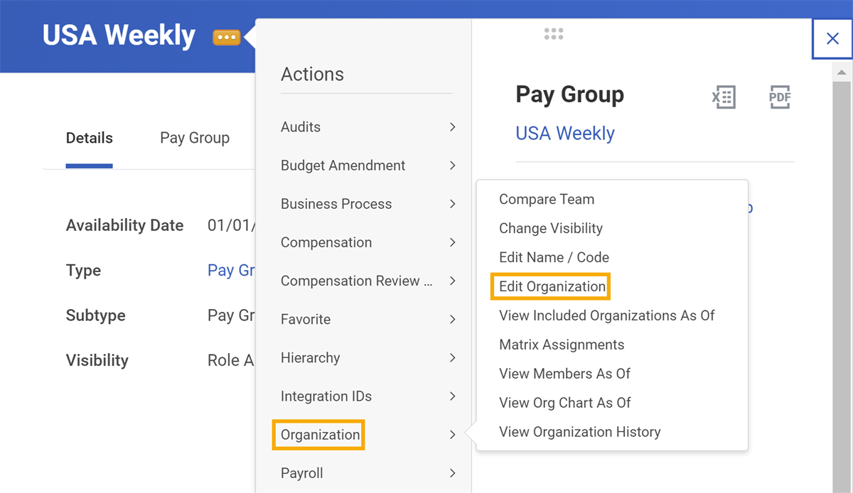 USA Weekly Related Actions highlighting Organization and highlighting Edit Organization.