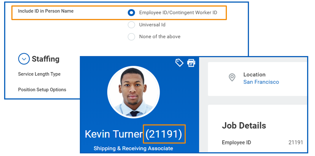 Workday profile with employee number highlighted and the Include ID in Person Name highlighted.