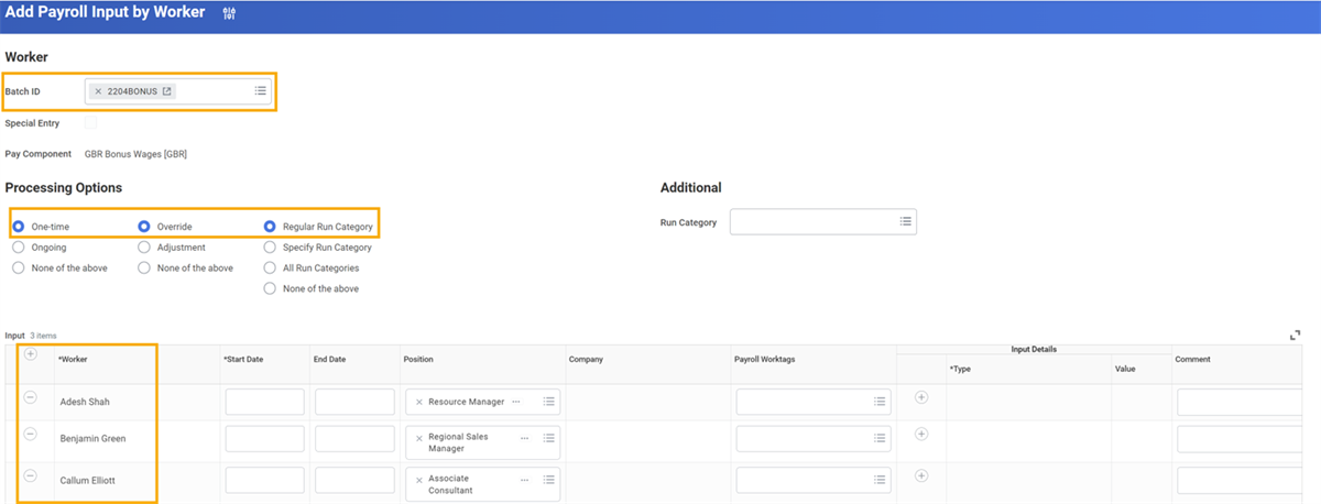 Add Payroll Input by Worker task with the  Batch ID, first option for Processing Options, and Worker column highlighted.