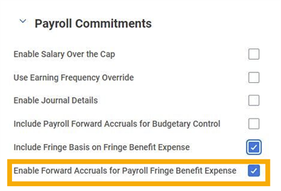 The Enable Forward Accruals for Payroll Fringe Benefit Expense checkbox in the Payroll Commitments section.