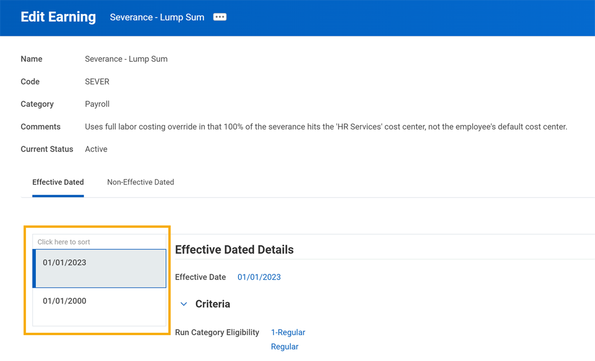 Pay components displaying in subtabs in the Effective Dated tab of the Edit Earning task.