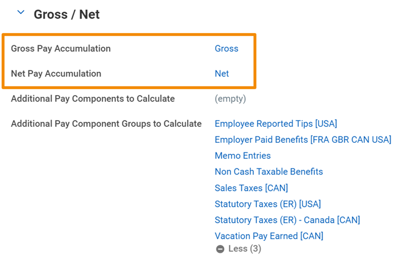 Gross/Net with the Gross Pay Accumulation and Net Pay Accumulation highlighted.