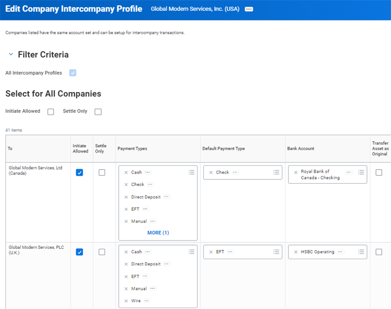 Users use the Edit Company Intercompany Profile grid to define settlement rules, allowed payment types, default methods, and bank accounts.