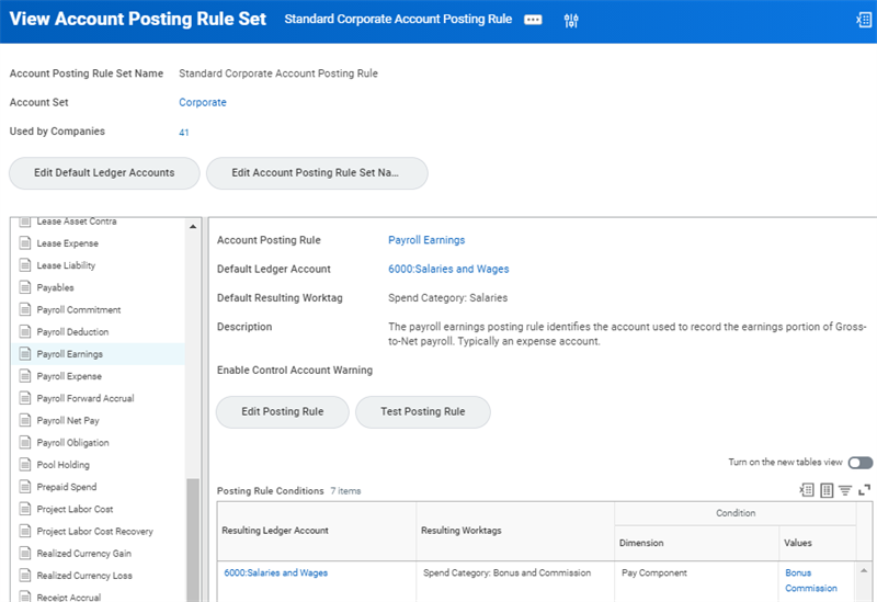 The View Account Posting Rule Set report showing details of the Payroll Earning account posting rule.