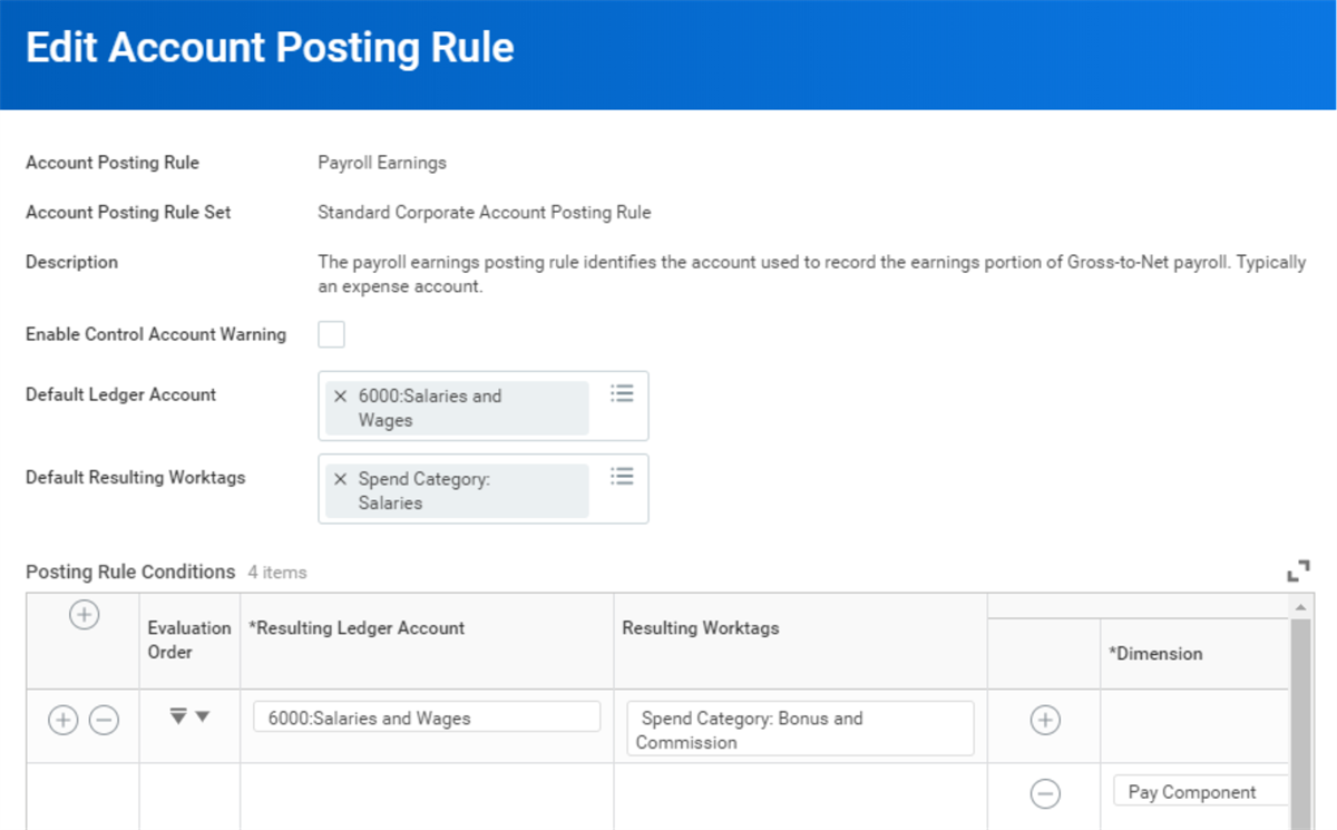 The Edit Accounting Posting Rule task with a value selected for Default Ledger Account and Default Resulting Worktags. Posting Rule Conditions are also defined.