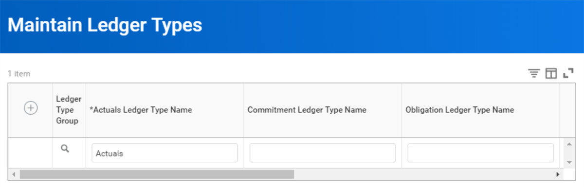 The Maintain Ledger Types task showing a value of "Actuals" in the Actuals Ledger Type Name field.