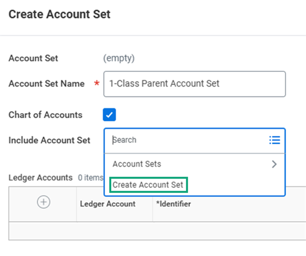The Create Account Set task showing the option to select Create Account Set from the Include Account Set prompt.