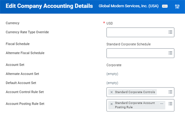 The Edit Company Accounting Details task showing a defined Account Control Rule Set and Accounting Posting Rule Set.