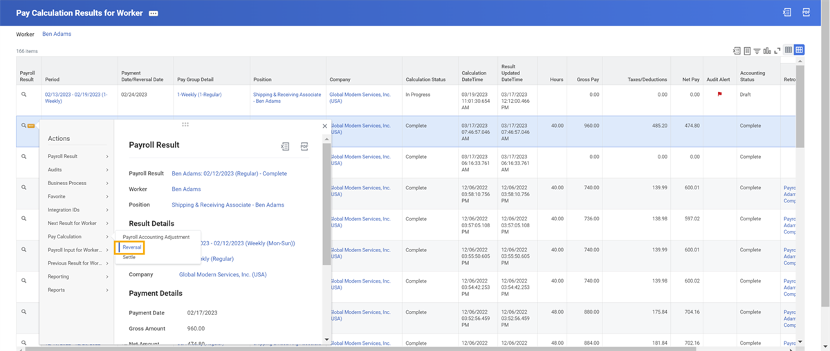 Pay Calculation Results for Worker with the focus on the Related Actions icon on Payroll Result, Pay Calculation, Payroll Accounting Adjustment, and highlighting Renewal.