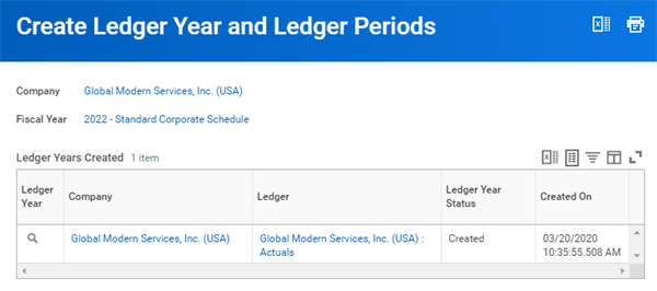 The Create Ledger Year and Ledger Periods task showing the ledger years and periods for a company.