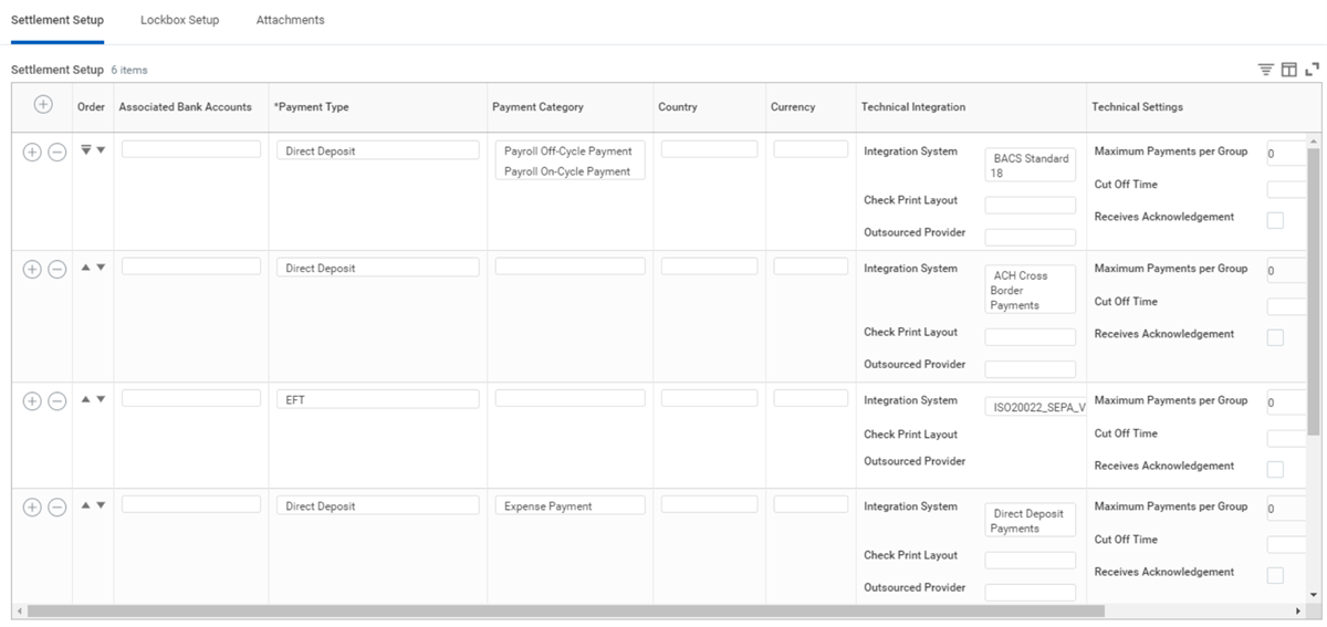 Users use the Settlement Setup grid to input payment types, categories, technical integration settings, and group control rules.