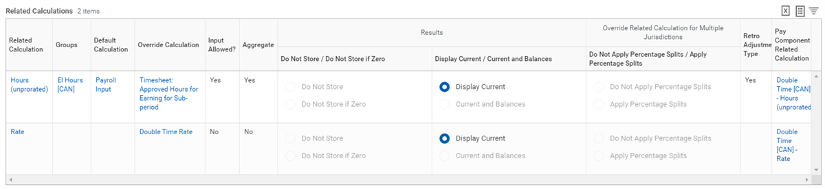 Users configure pay components in the Related Calculations grid by defining overrides, input permissions, and display results.