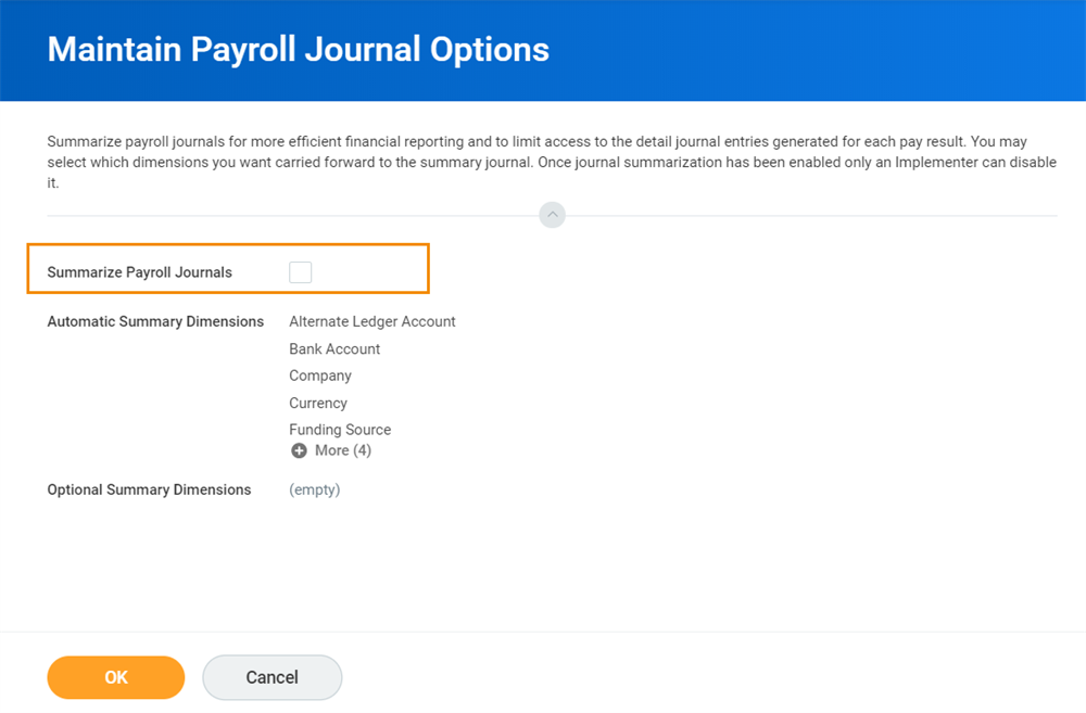 The Summarize Payroll Journals checkbox in the Maintain Payroll Journal Options task.