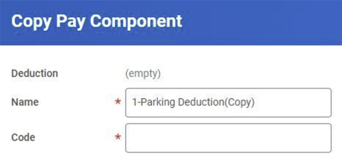 The Copy Pay Component page with the Name value "1-Parking Deduction (Copy)".