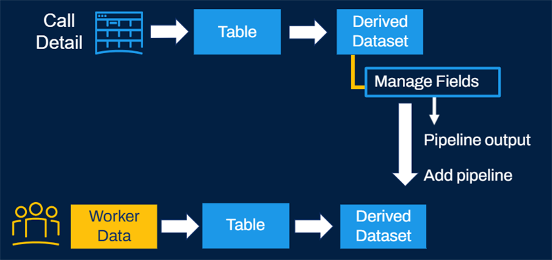 A diagram maps two data flows, "Call Detail" and "Worker Data," through tables into derived datasets that combine at a "Manage Fields" step.