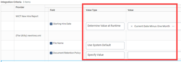 The Value Type and Value columns in the Integration Criteria table. The File Name field has a value type of Use System Default.