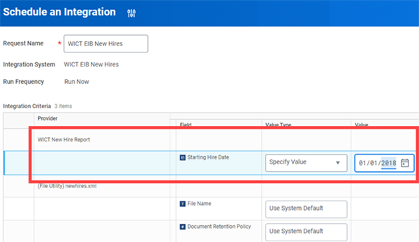 The Schedule an Integration page with an integration configured on the Starting Hire Date field with a value of 01/01/2018.