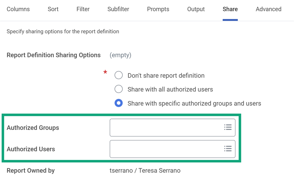 Screenshot of the Share tab of the report definition with the Authorized Groups and Authorized Users prompts highlighted.