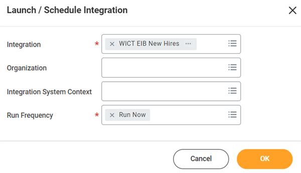 The Launch / Schedule Integration window as described in the preceding text.