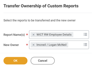 Screenshot of task with fields: Report Name(s) and New Owner.