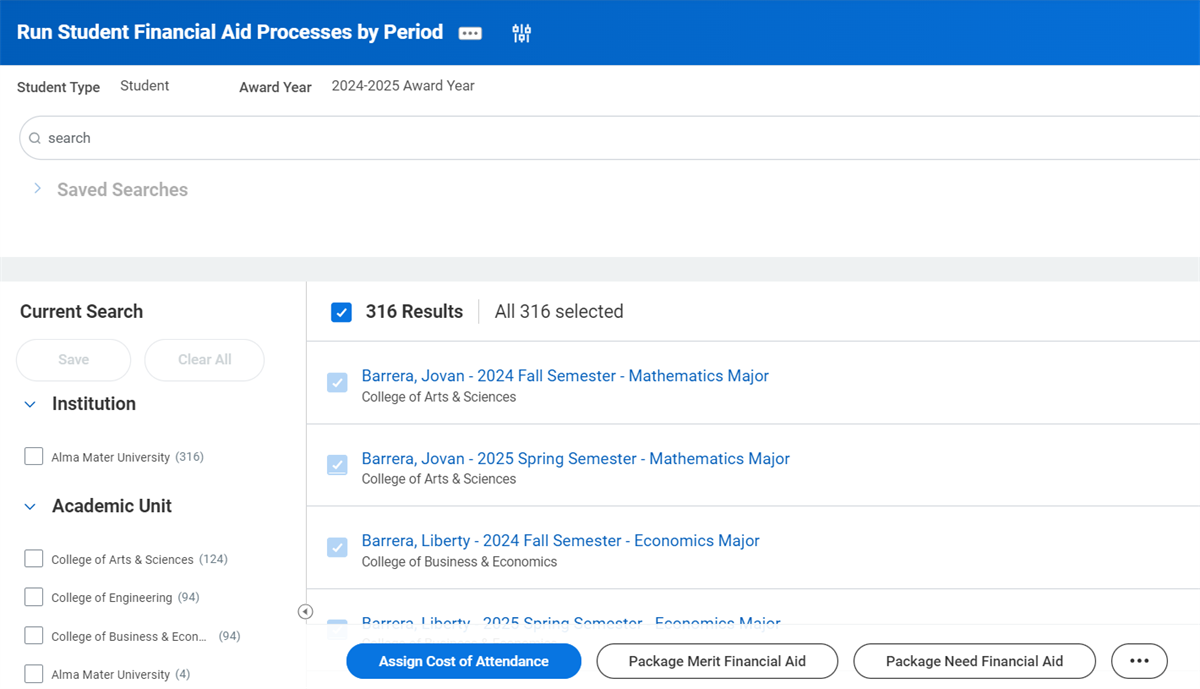 A screenshot of the Run Student Financial Aid Processes by Period report as described in the preceding text.