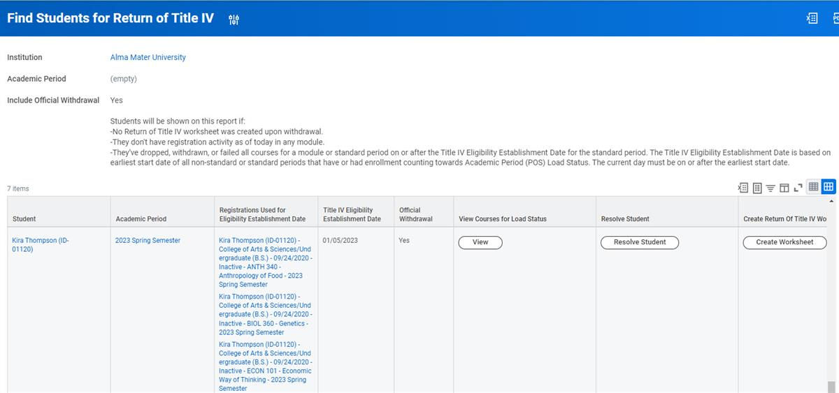 A screenshot of the Find Students for Return of Title IV report as described in the preceding text.