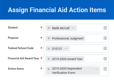 A screenshot of the Assign Financial Aid Action Items task as mentioned in the preceding text.