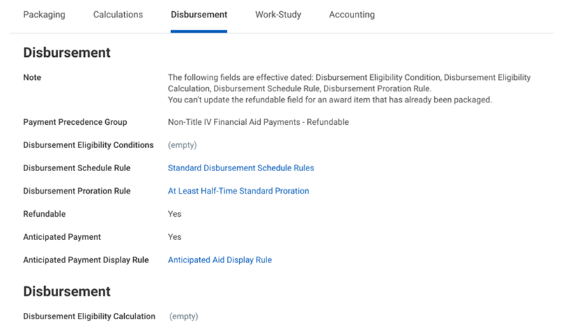 A screenshot of the disbursement tab as described in the preceding text.