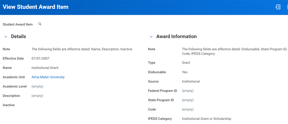 A screenshot of a Student Award Item as described in the preceding text.