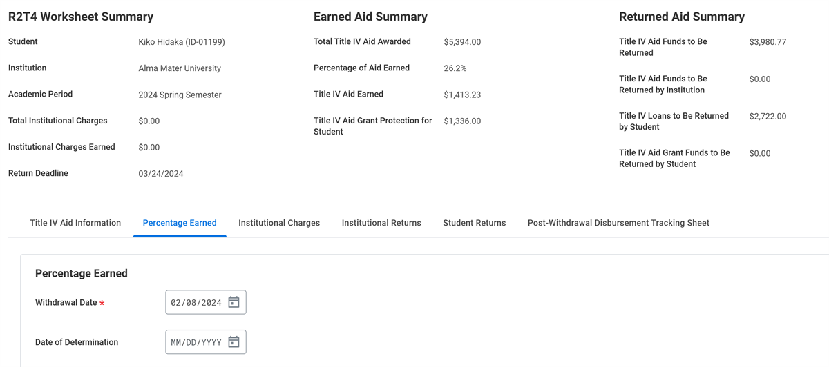 A screenshot of worksheet results from the Maintain Return of Title IV Worksheet task as mentioned in the preceding text.