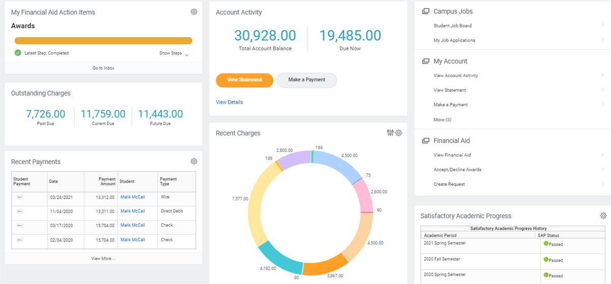 A screenshot of the Finances Hub on a student's landing page as described in the preceding text.
