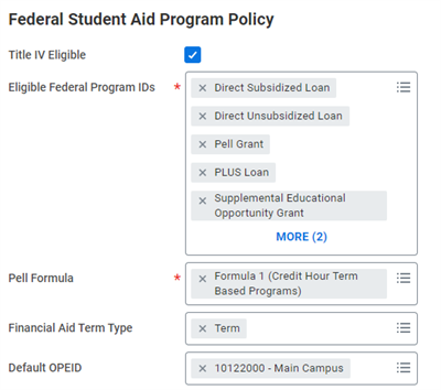 The Maintain Federal Student Aid Program Policy Task and its fields. Refer to the preceding text for more details.