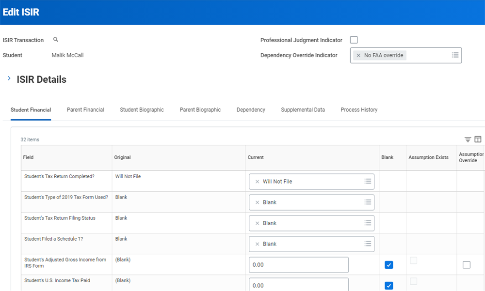 A screenshot of the Edit ISIR task as described in the preceding text.