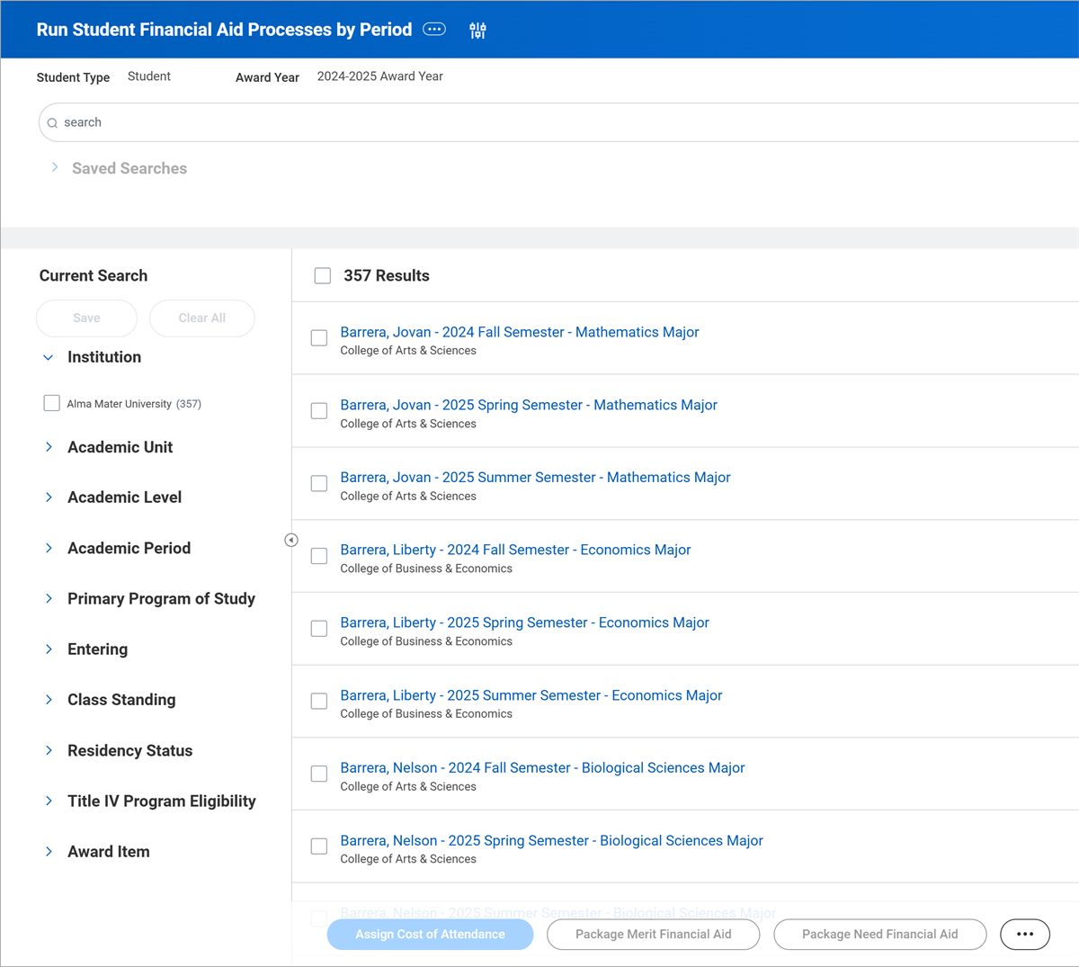 The Run Student Financial Aid Processes by Period report search results.