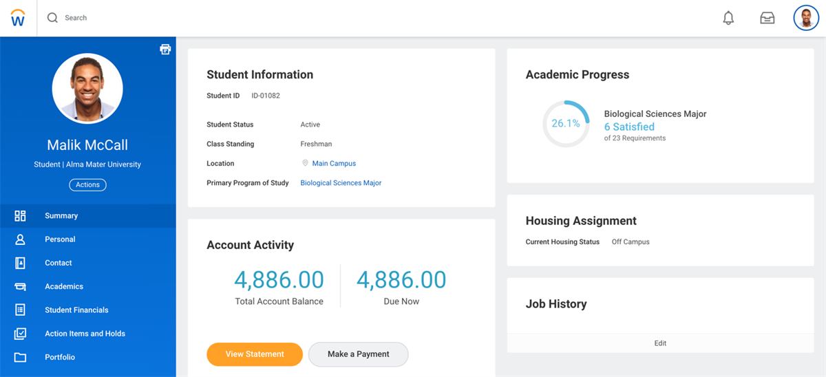 A screenshot of a student profile that contains personal, academic, and financial information.